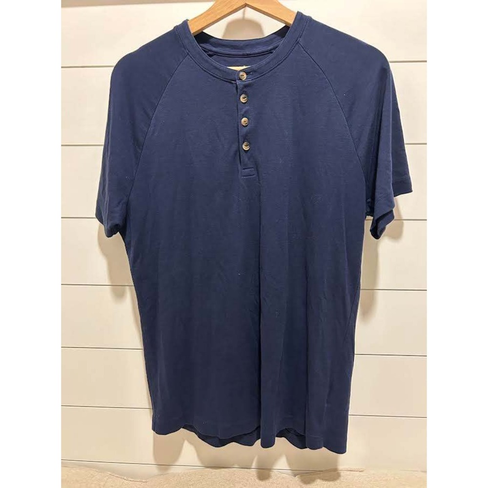 01.ALGO Mens Navy Blue 100% Pima Cotton Raglan Short Sleeve Henley Shirt M